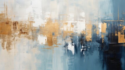 Obraz premium An abstract painting featuring a blend of blue, white, and gold tones, creating a modern and textured visual experience.