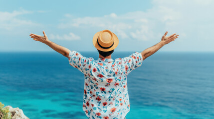 Man in floral shirt and straw hat standing with arms outstretched, enjoying the ocean view under a bright blue sky.