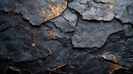 Close-up of textured dark stone surface with golden accents. Rugged, natural pattern ideal for...