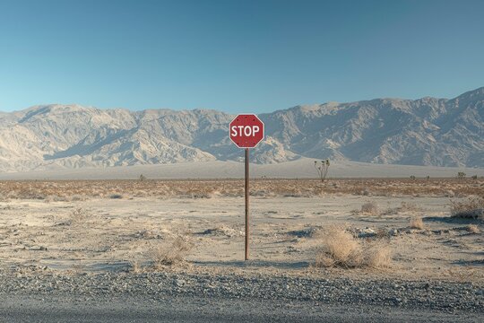 A Stop Sign in a Desert Landscape with Mountain Range in the Background