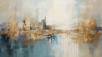 An abstract painting featuring a blend of soft colors and textures, evoking a serene landscape or cityscape.