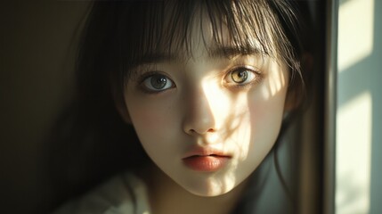 A portrait of an innocent Japanese girl with wide, expressive eyes, her face softly lit by natural light through a window