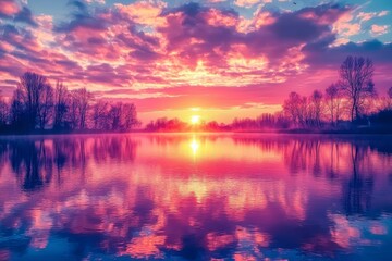 Sunset Reflected in a Still Lake with Silhouetted Trees