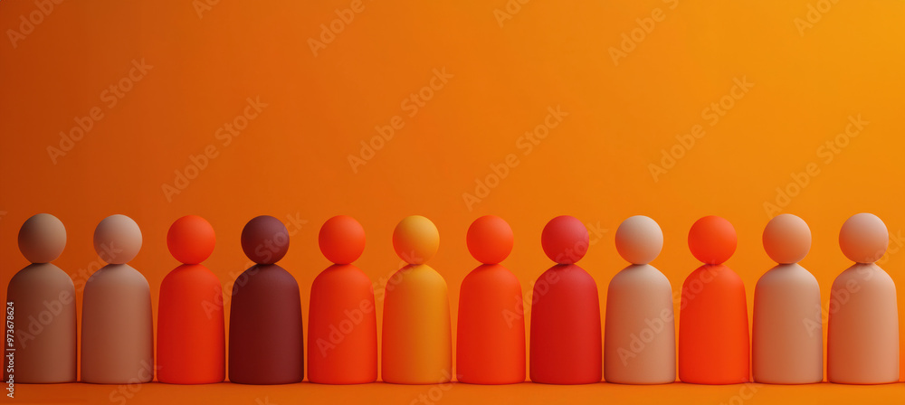 Poster colorful row of stylized human figures against an orange background, symbolizing diversity and unity