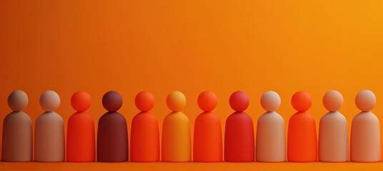 Colorful row of stylized human figures against an orange background, symbolizing diversity and unity in abstract art form.