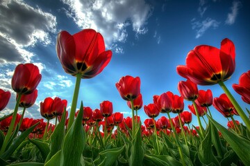 Red Tulips Blooming in Field with Blue Sky and White Clouds
