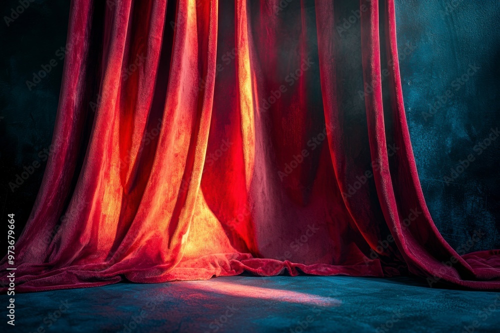 Sticker Red Velvet Curtains Draped Against a Dark Background