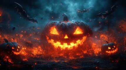 A fiery Halloween scene with glowing pumpkins and bats.