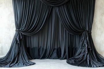 Black Curtains with Embellishments and Draped Fabric