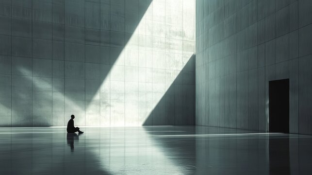 A lone person sits in a large, empty space with tiled walls and a door to the right. - Powered by Adobe