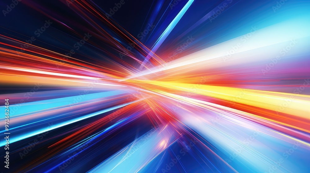 Poster an abstract representation of dynamic motion with vibrant colors and light streaks, evoking a sense 