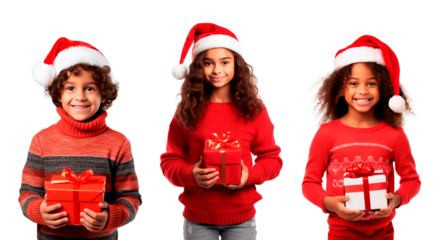 Three Latin American children wearing Christmas clothes and holding gift box in hands. Isolated transparent background