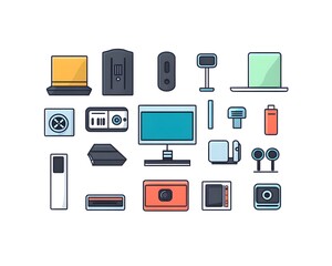 A collection of modern electronic devices including laptops, monitors, cameras, and various accessories in flat design.