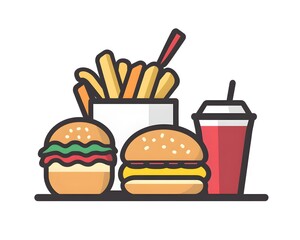 A delicious assortment of burgers, fries, and a drink, perfect for fast food lovers and playful food illustrations.