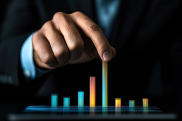 A businessman touching the highest bar of a virtual statistics graph