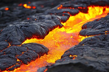Close-up of Molten Lava Flowing Through Cooled Lava