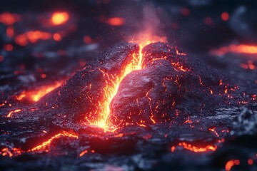 Molten Lava Flowing Through a Crack in Volcanic Rock