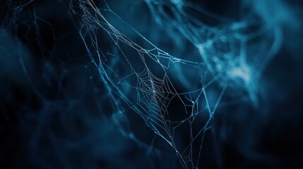 A close-up of a spider web with dew drops.