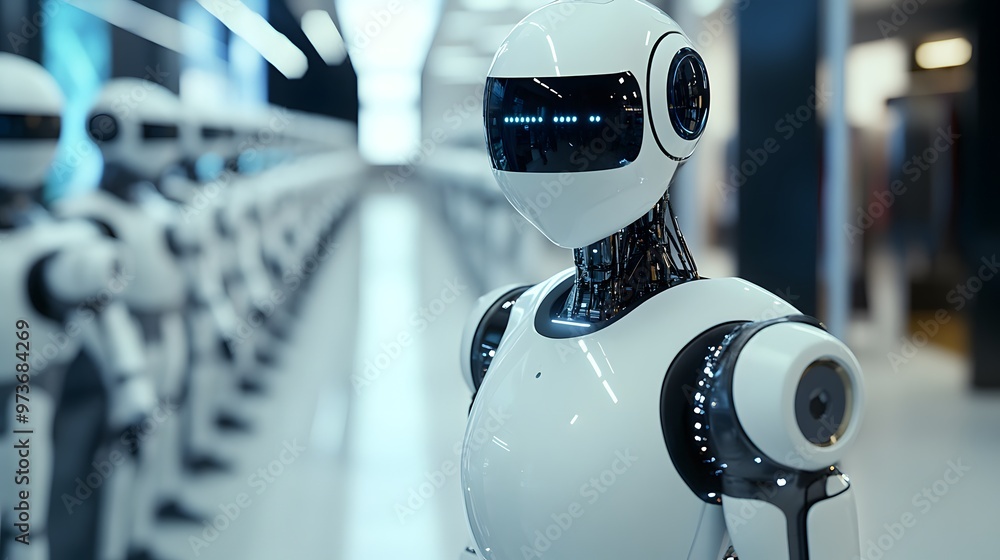 Poster a futuristic robot stands in a high-tech environment, showcasing advanced technology and design.