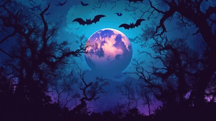 Silhouetted trees against a purple and blue sky with a large full moon and bats flying overhead.