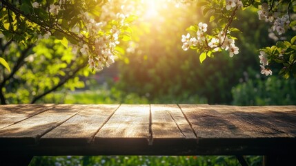 Naklejka premium Wooden table in a blooming garden.