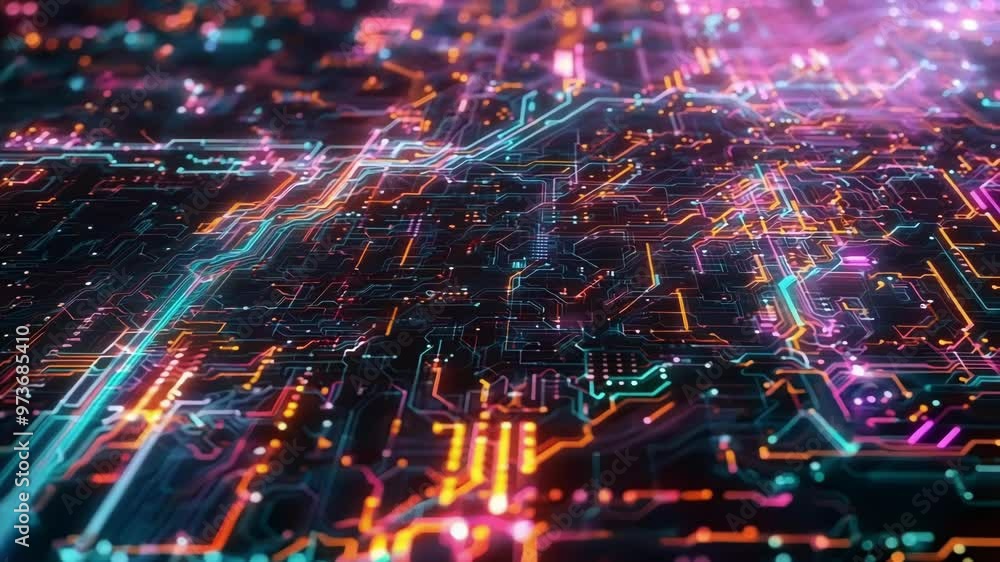 Poster complex data transferring on futuristic motherboard with glowing circuit lines. technology backgroun