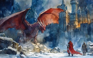 A majestic red dragon stands before a snow-covered castle, as brave adventurers prepare for an epic encounter in a fantasy realm.