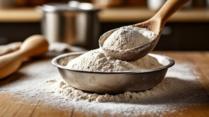 Fototapeta premium Flour being measured into a bowl for baking