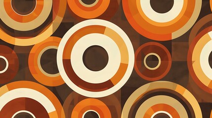 A retro-inspired all-over print pattern with repeating circular shapes in warm earth tones, evoking a vintage 1970s aesthetic. 8k UHD, suitable for high-quality printing or digital display. 