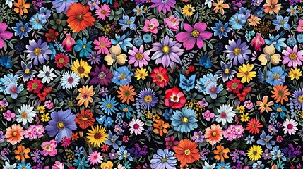 An all-over print pattern with tiny floral elements, arranged in a dense, detailed design, featuring vibrant colors on a contrasting dark background. 8k UHD, suitable for high-quality printing 