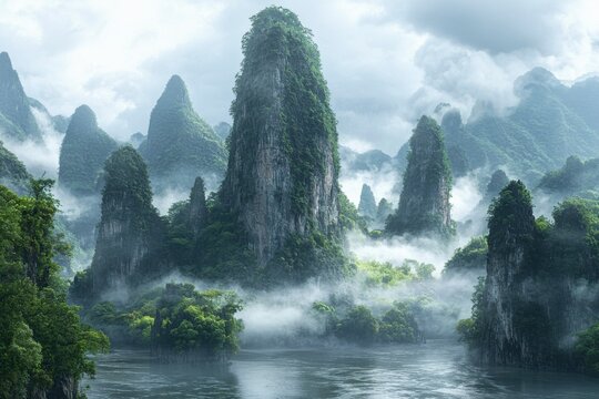 Mist-Shrouded Karst Mountains Rising From a River