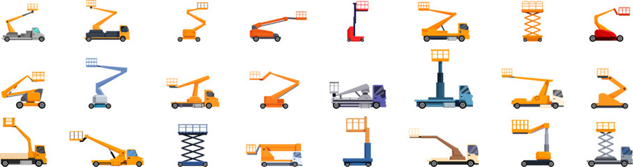 Lift platform basket icons set. Set of colorful isolated icons of various construction platforms with hydraulic lifting mechanisms for high altitude work © nsit0108