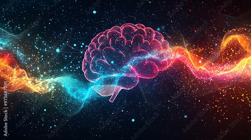 Poster an abstract brain design comes alive with colorful waves and sparks, representing creative thinking 
