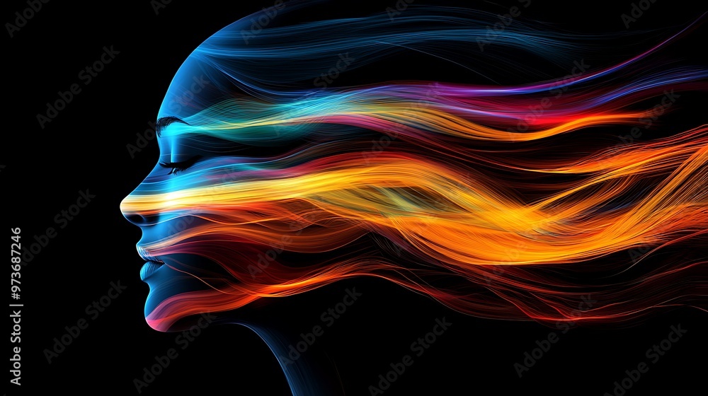 Poster a profile with flowing colorful lines set against a black background creates a striking abstract vis