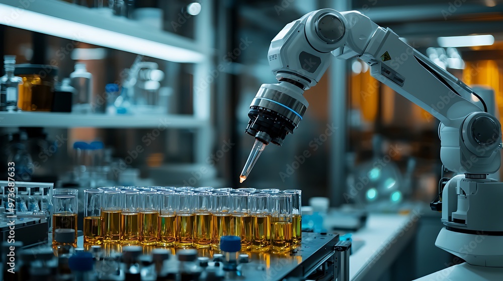 Poster a robotic arm precisely fills test tubes in a laboratory, ensuring accuracy in scientific experiment