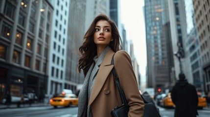 Obraz premium A stunning girl in a chic outfit, walking gracefully along a busy city sidewalk with skyscrapers in the background