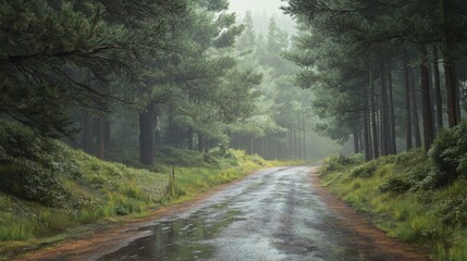 A road in the woods is wet from rain
