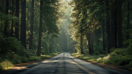 Obraz premium A road in a forest with trees on both sides