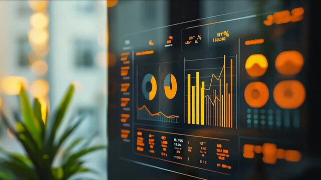 Sophisticated office environment with transparent screen showing swot analysis