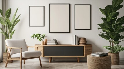 Fototapeta premium Modern living room with a white armchair, wooden cabinet, three framed posters, and plants.