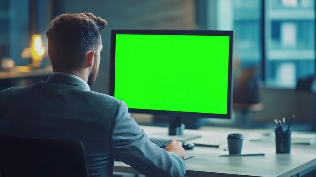 Businessman working at a desk with a green screen computer.