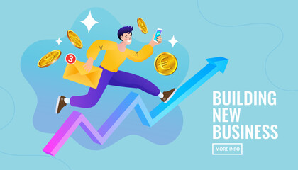 Start your journey with this business growth banner. An active entrepreneur runs on a rising graph with a smartphone and email, symbolizing building a new startup and financial success.