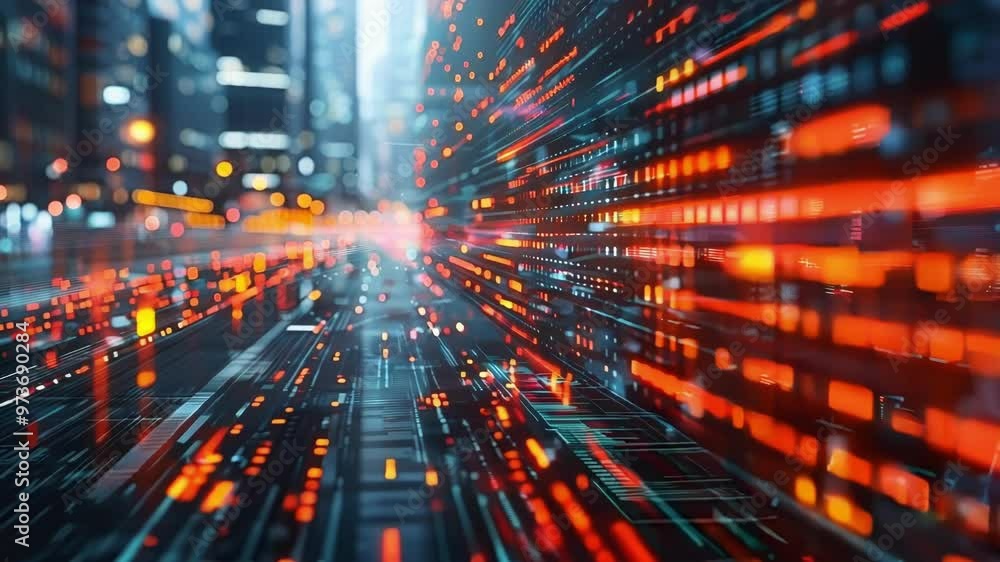 Poster abstract animation of a futuristic city with data flowing, representing the complex financial system