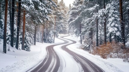 A snowy road with a curve in it