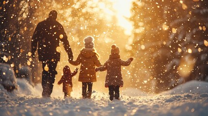 Family Walking in Snowy Winter Forest with Golden Sunbeams