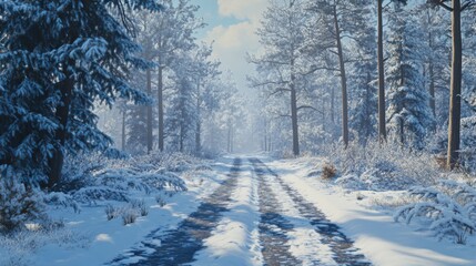 Obraz premium A snowy forest road with trees in the background