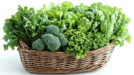 Fresh Green Leafy Vegetables in Wicker Basket