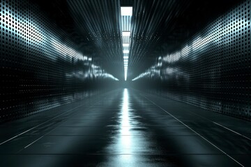 A Dark Futuristic Tunnel With Perforated Metal Walls and Glowing Lights