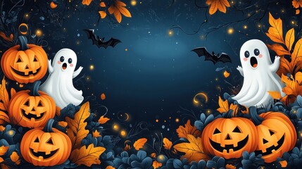 Halloween-themed illustration with pumpkins and playful ghosts.