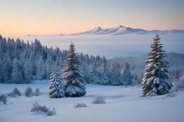 Obraz premium Serene Winter Scenery Snowy Pine Trees Majestic Mountain Horizon